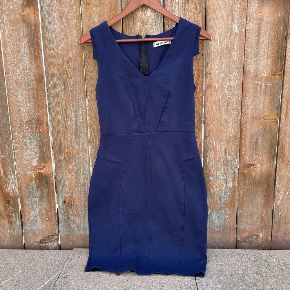 MYSTIC Women’s Navy Blue Sheath Pencil Dress V Neck Sleeveless Tailored Small
